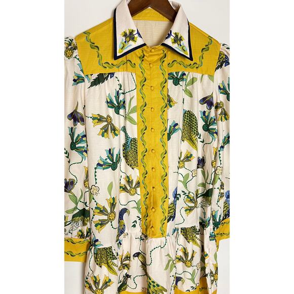 Button Up Long Sleeve Dress with Bold Bird Pattern Size Large - Picture 2 of 6